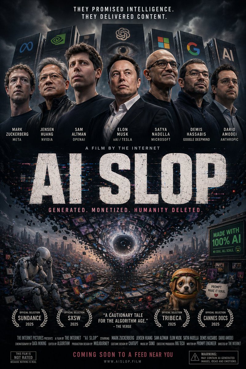 由科技公司CEO们主演的《Ai Slop》电影海报 https://t.co/xLKk2dGVYs https://t.co/EatUNVkq…, 图片 1