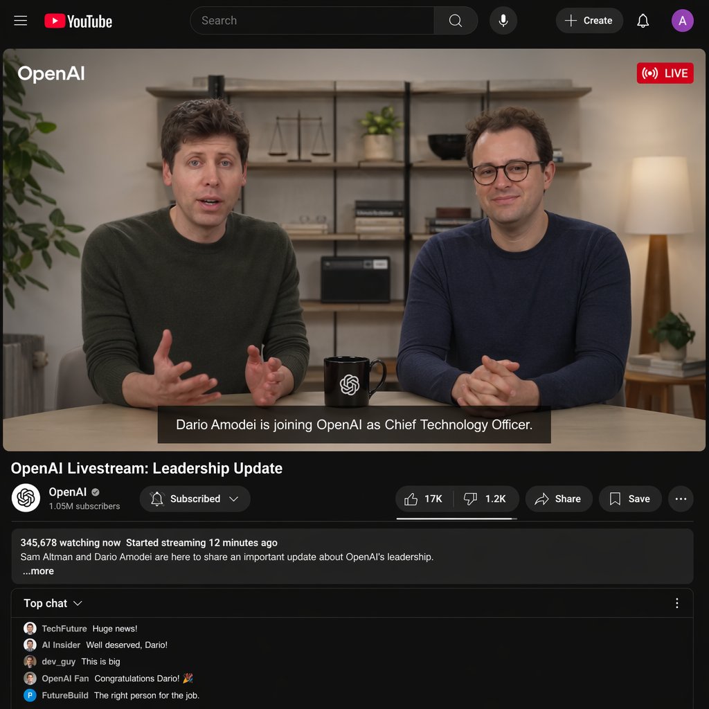 YouTube 直播截图，画面中 OpenAI 的直播里 Sam Altman 和 Dario Amodei 宣布 Dario 出任新任 CT…, 图片 1