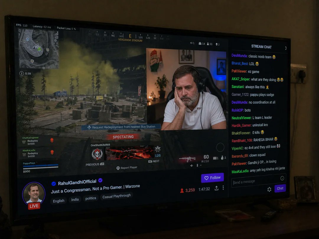 莫迪作为Twitch主播,但是低质量手机拍摄的照片,画面中某人在家里看电视转播,少一些 https://t.co/Rvpg7v1ynx, 图片 1