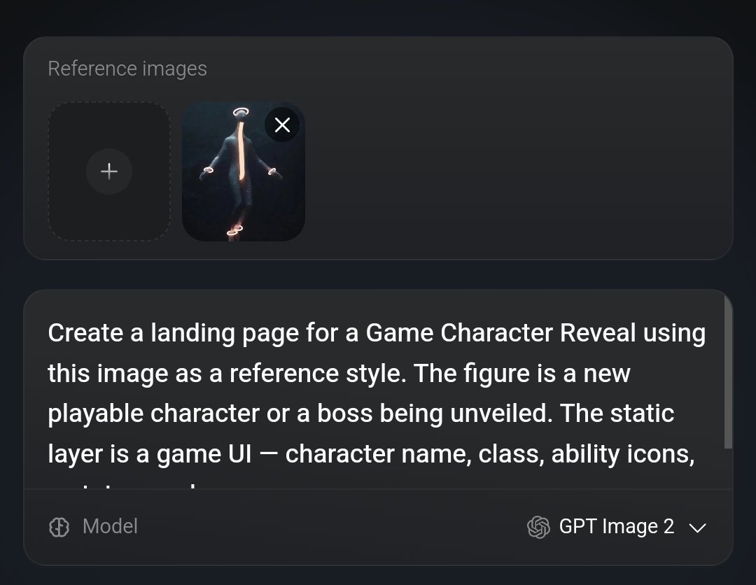Create a landing page for a Game Character Reveal using this image as a referen…