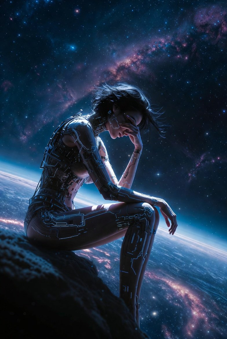 "一幅现实主义风格的赛博女性形象,她坐在宇宙的边缘,思考着存在的意义", 图片 1
