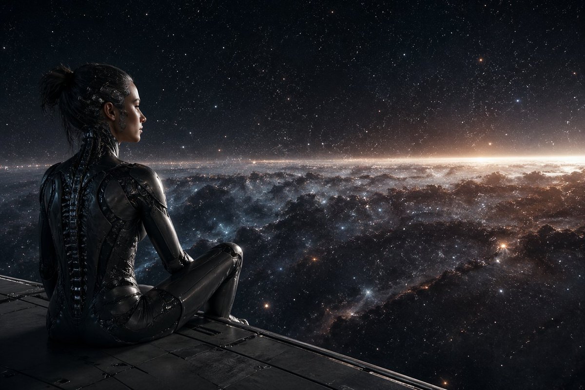 "一幅现实主义风格的赛博女性形象,她坐在宇宙的边缘,思考着存在的意义", 图片 2