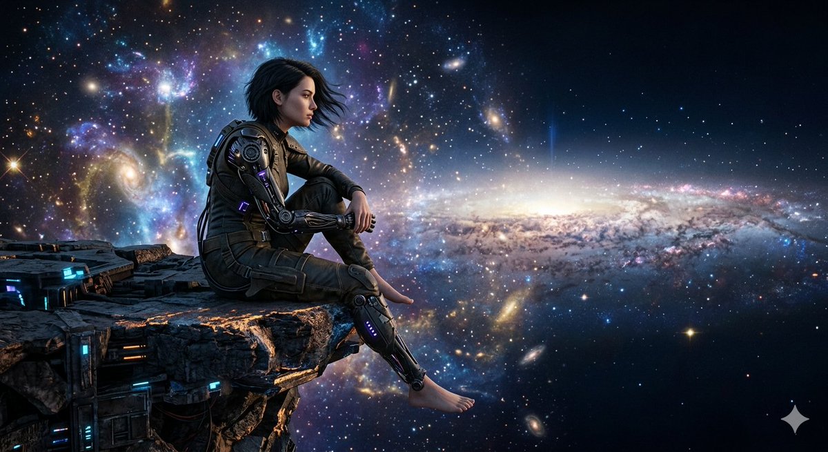 "一幅现实主义风格的赛博女性形象,她坐在宇宙的边缘,思考着存在的意义", 图片 3
