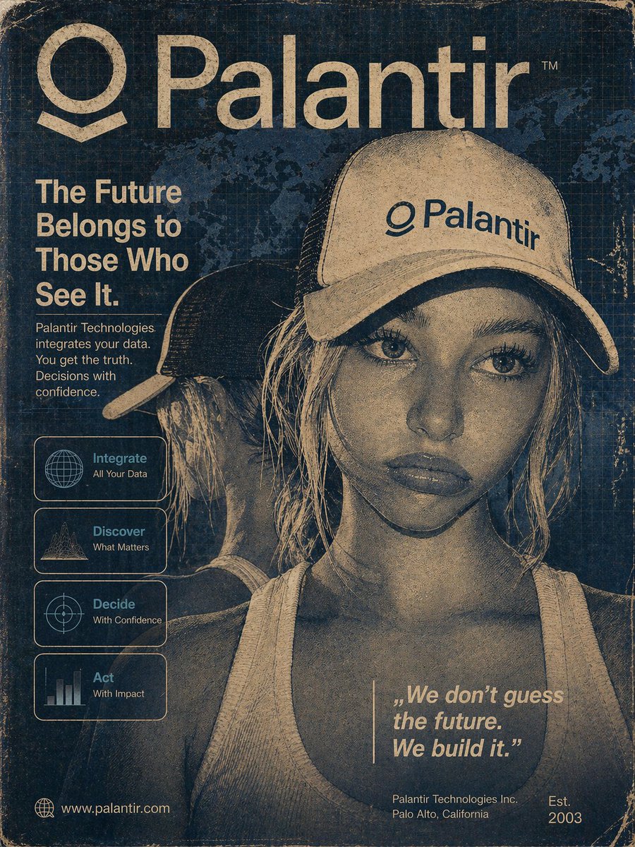 90年代至2000年代初的复古科技广告海报,主题为Palantir,电影感且怀旧。画面中央放置一位戴着Palantir卡车司机帽的女孩肖像,但…, 图片 1