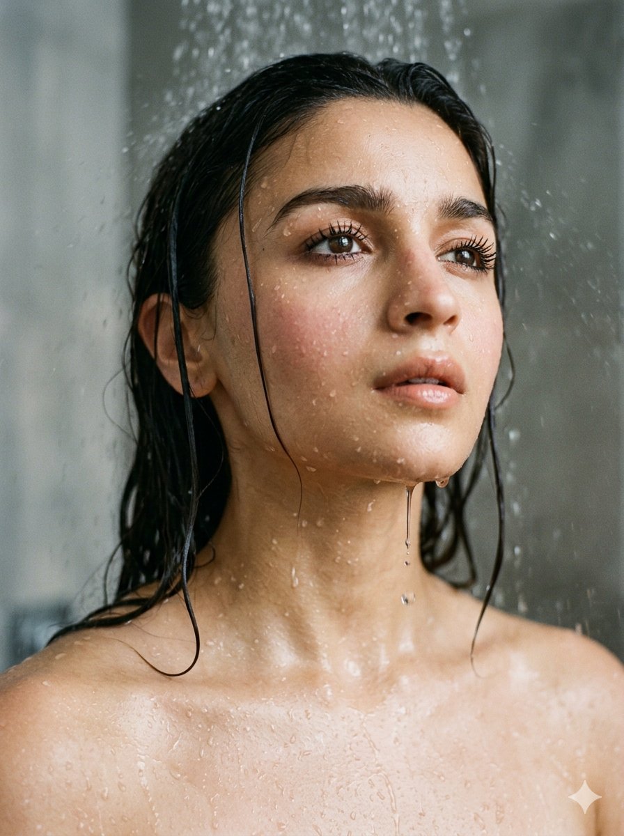 这是一张 (Kareena Kapoor) 的特写肖像照，湿发造型，捕捉到一个极具亲密感和感官性的瞬间。她似乎正站在淋浴下，水流不断地倾泻在她…, 图片 1