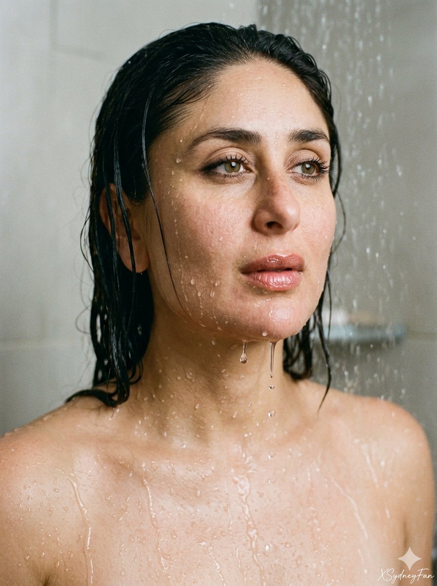 这是一张 (Kareena Kapoor) 的特写肖像照，湿发造型，捕捉到一个极具亲密感和感官性的瞬间。她似乎正站在淋浴下，水流不断地倾泻在她…, 图片 3