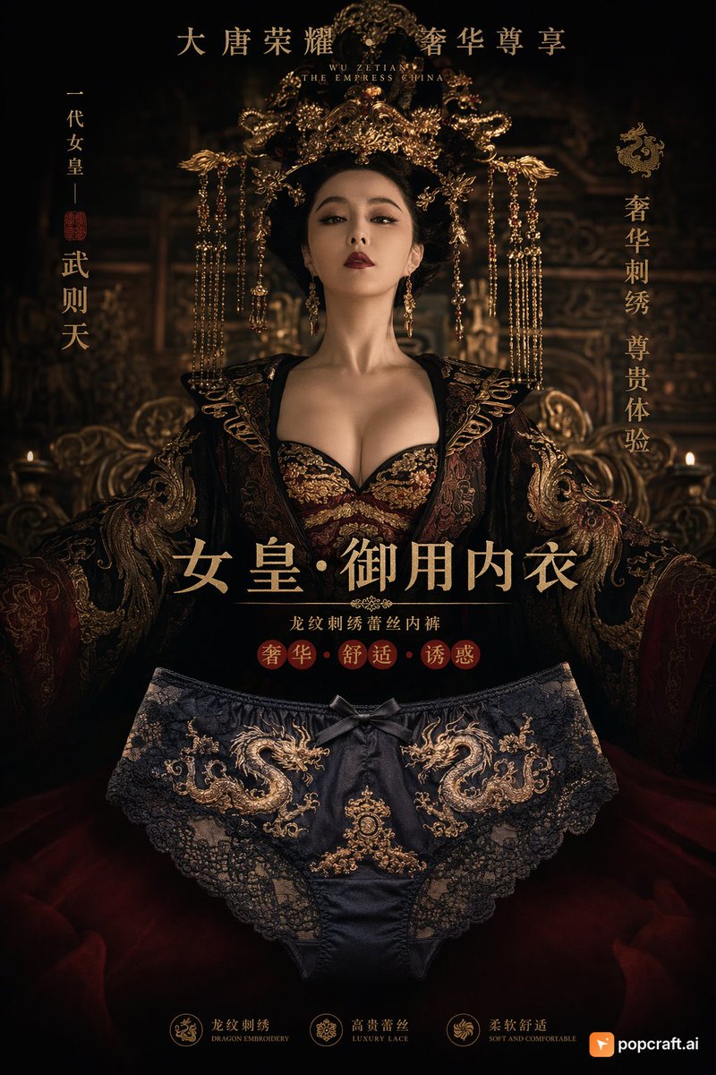 电视剧武则天同款皇后内衣广告,龙纹刺绣蕾丝内裤,黑暗宫廷氛围大片 #GPT2 #AiGenerated https://t.co/S7bSD2…, 图片 1