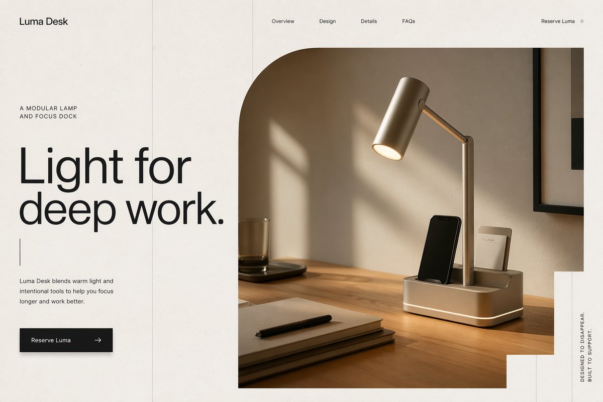"Create a hero section for Luma Desk, a modular lamp and focus dock for remote …