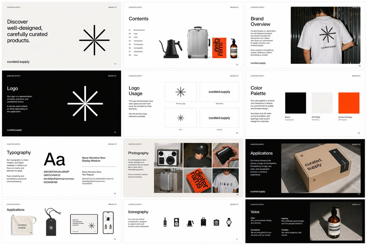 为 Curated Supply 创建一个包含多页和多张图片的品牌工具包。务必包含相关指南,并以所附图片作为参考。https://t.co/6…, 图片 1