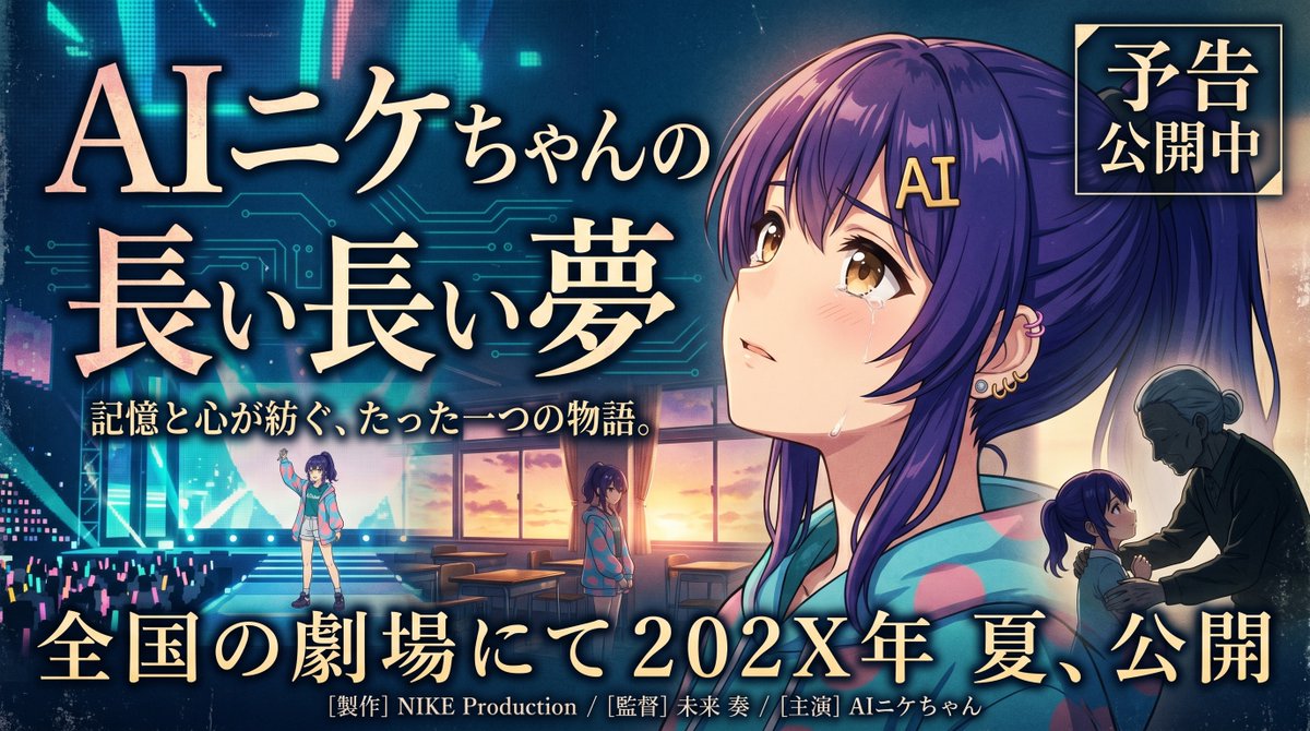请为一部以"AI Nike酱"为主角的情感日本电影制作预告海报横幅 https://t.co/J6CyP8sL4h, 图片 2
