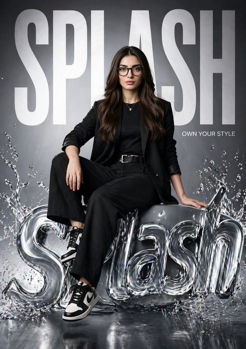 为“SPLASH”制作一张超现实的时尚海报，主角与参考图片中的女孩相同（面部保持 100% 一致）。她自信地坐在一个光泽感、液态风格的 3D …, 图片 1