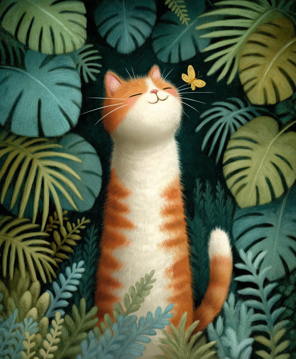 一幅特写、低角度的插画，前景是一只开心、圆润的橙白色虎斑猫，它满足地闭着眼睛，一只小黄蝴蝶在它的鼻子附近翩翩起舞。猫咪的身体大部分是白色的，头…, 图片 1