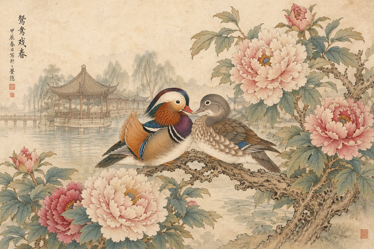 传统工笔重彩风格,湖畔园林亭台。枝头牡丹盛开,画面中一对鸳鸯栖息在横向伸展的牡丹枝干上,姿态亲昵,羽毛层次细腻、色彩典雅,呈现精致的工笔勾线与…, 图片 1