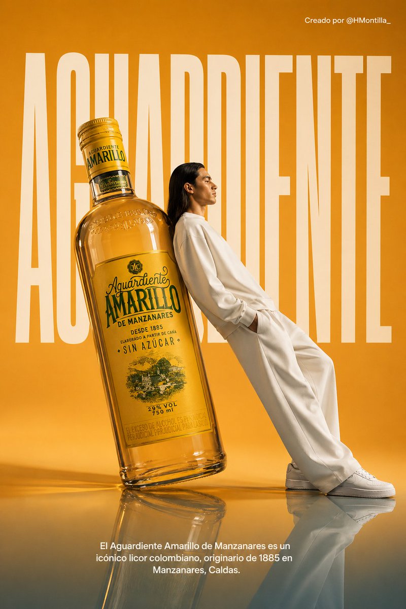 一张为黄阿吉迪恩特酒(Aguardiente Amarillo)创作的超现实主义高级时装广告海报。场景设置在一间极简主义、单色浅橙色的工作室中…, 图片 1
