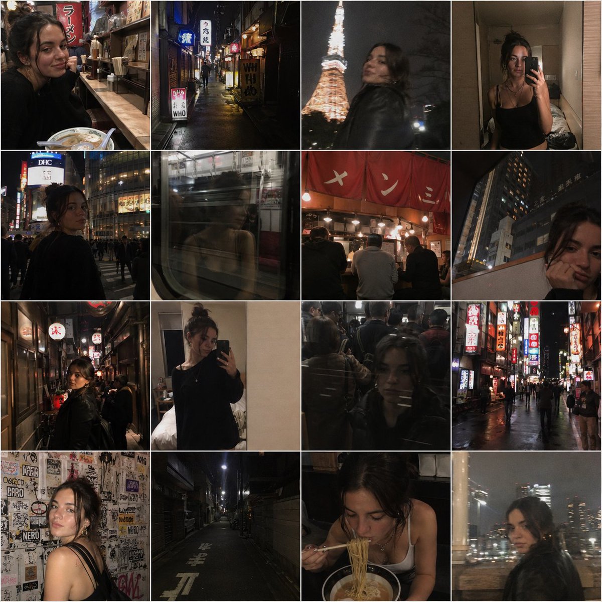 4x4 网格的 candid iPhone 照片，主题是一位年轻女子独自旅行东京和巴黎。拉面店、霓虹小巷、列车车窗倒影、酒店镜面自拍。带有相机…, 图片 1