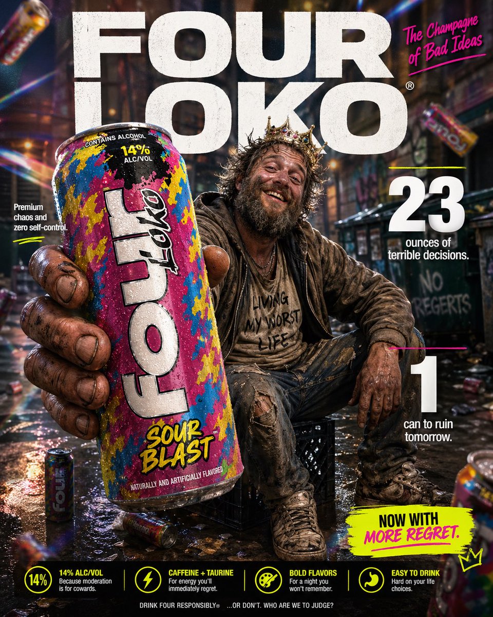 四洛克（Four Loko）麦芽酒的高冲击力恶搞电商信息图。前景：粗糙饱经风霜的手的极致特写，手向镜头举着一罐高大、色彩鲜艳的四洛克酒罐。酒罐…, 图片 1