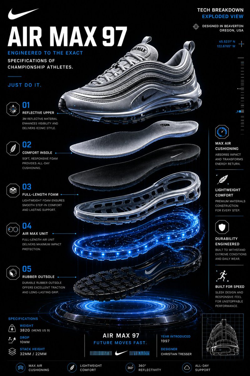 高端 Nike Air Max 97 未来科技信息图海报,深色高级质感环境。, 图片 1