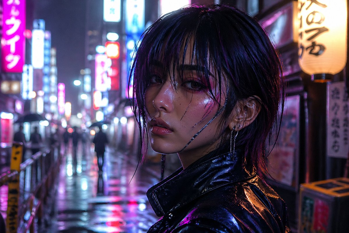 一张赛博朋克女性的高度写实肖像，, 图片 1