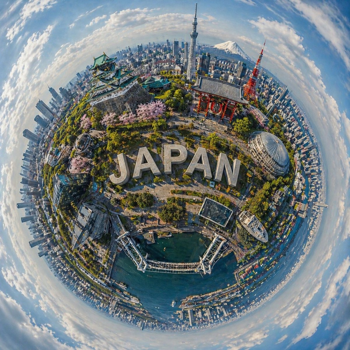 创建一个超现实的、梦幻般的球形全景图，展现[城市名称]，将其最具标志性的地标和建筑无缝地环绕在类行星球体的顶部，形成一个统一的袖珍世界。, 图片 2
