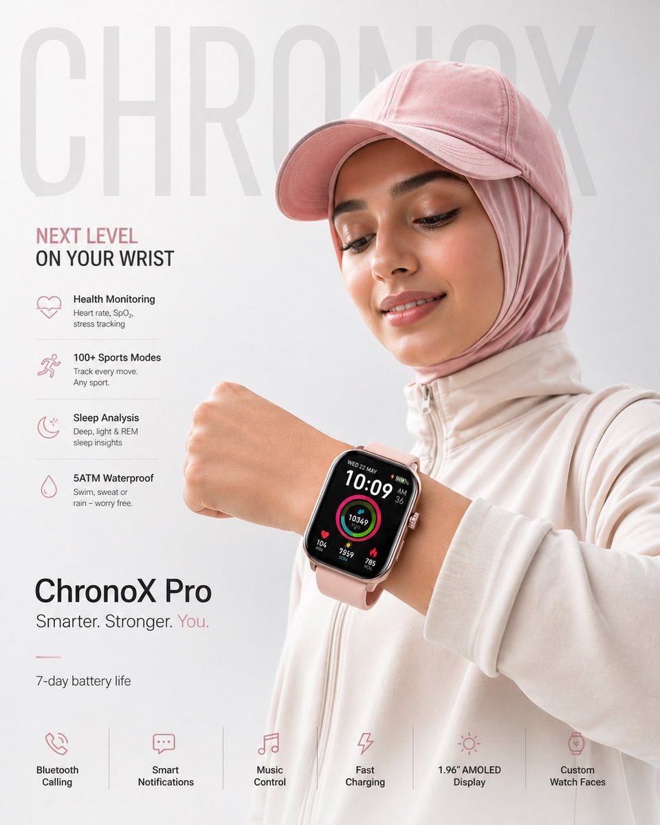 “ChronoX Pro”智能手表的高端极简产品海报。, 图片 1