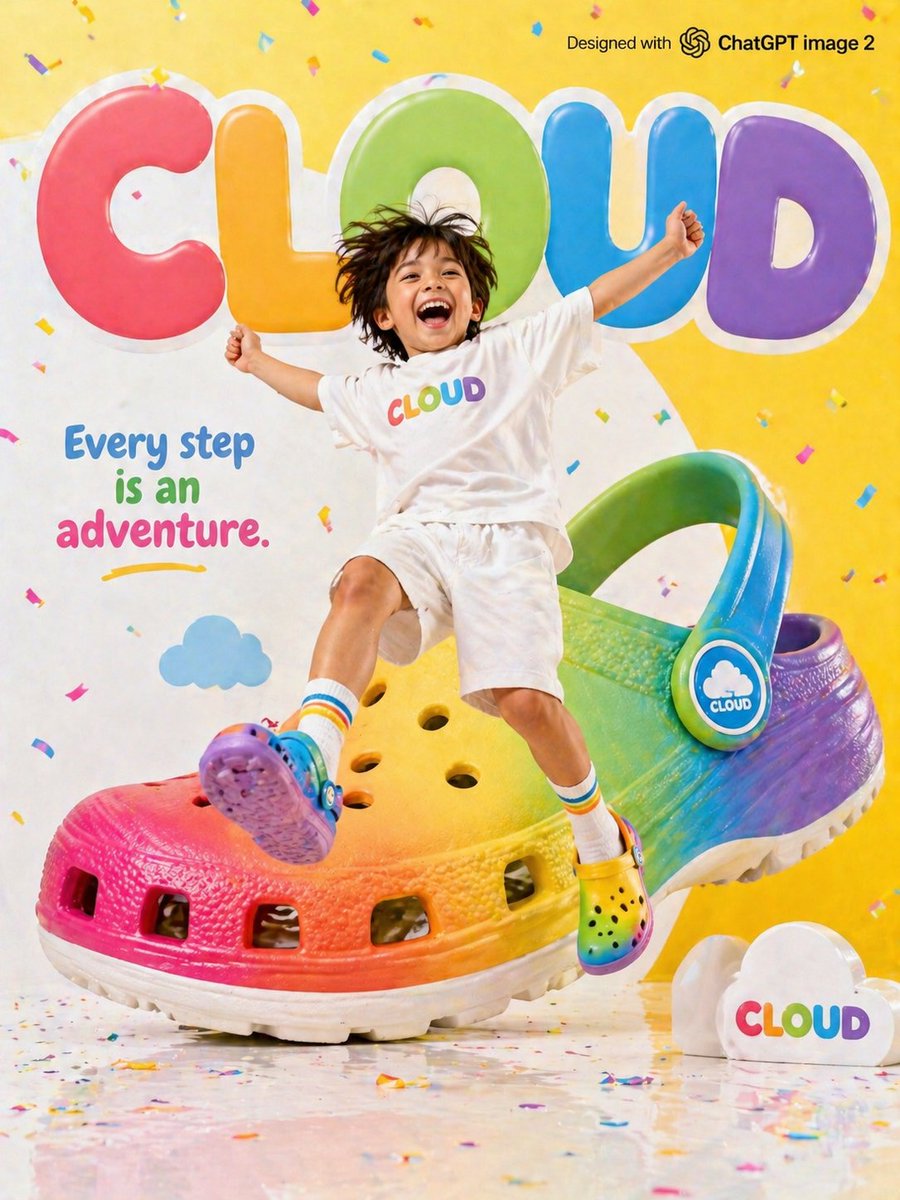明亮多彩的儿童鞋品牌广告，画面中"CLOUD（云朵）"品牌，一个快乐的小孩穿着超大彩色泡沫鞋在空中跳跃，背景是巨大的彩虹色鞋子道具，明亮的黄白…, 图片 1