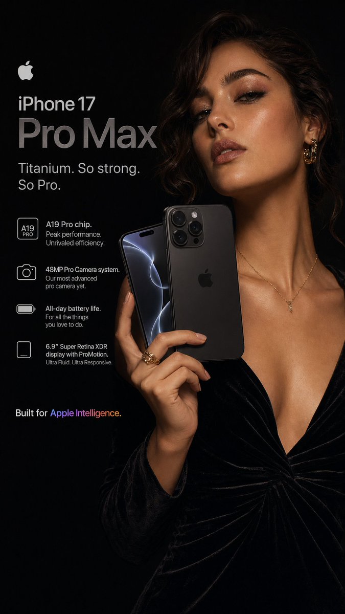 一张超写实的 Apple iPhone 17 Pro Max 广告大片，采用暗调、情绪化的编辑风格。一位年轻时髦的女性，肤色温暖，深棕色头发柔…, 图片 1