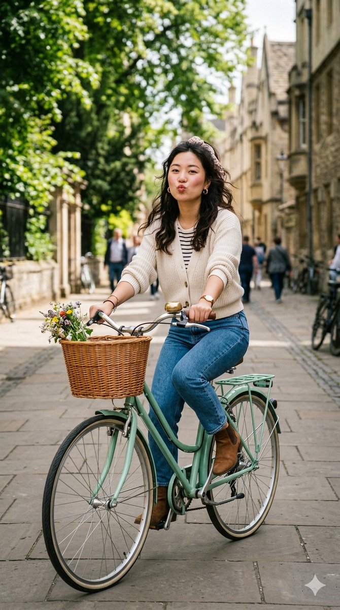 一张高分辨率、抓拍式的生活风格照片：一位时尚年轻女性骑着复古薄荷绿巡航自行车行驶在欧洲一条鹅卵石街道上。她直视镜头，摆出俏皮的"鸭子嘴"嘟嘴表…, 图片 1