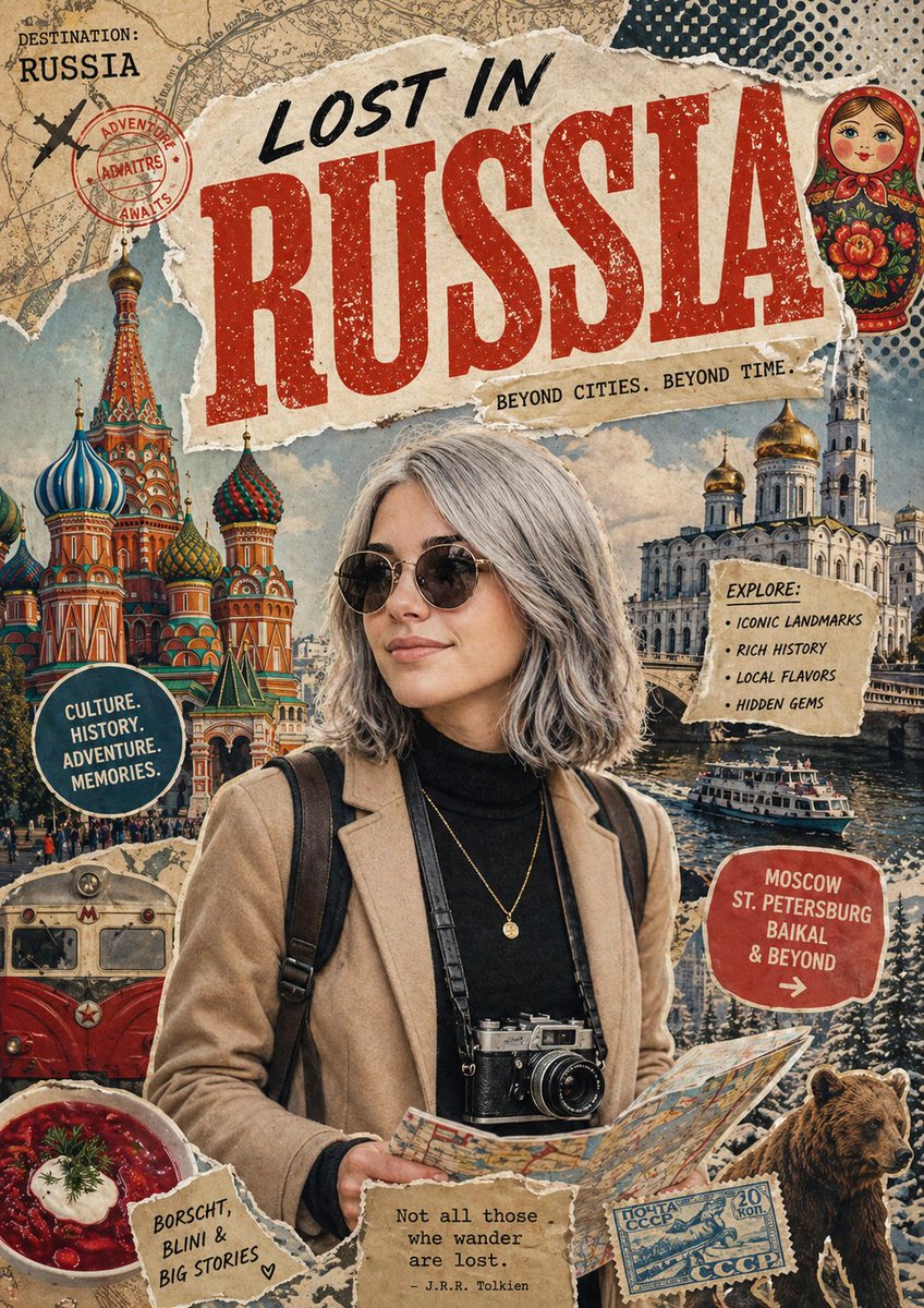 为 [country] 创作一张风格化的旅行海报 / 图形拼贴作品。主要主体应是一位时尚的国际游客，正在游览 [country]，需明确呈现为…, 图片 1