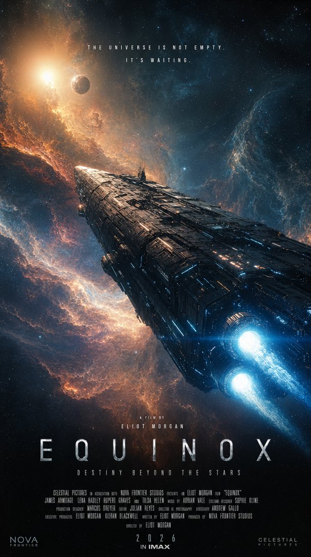 IMAX 电影海报,科幻史诗题材,画面中一艘整体式高科技飞船,装配发光离子推进器,穿越绚丽的宇宙星云。船体细节超写实,戏剧化的电影级光影,变形…, 图片 1