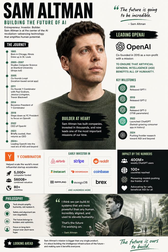 创建一个关于 Sam Altman 的视觉丰富的信息图。首先研究他的生平、主要成就、职业里程碑、哲学理念以及对 AI 和技术的独特影响。通过带…, 图片 1