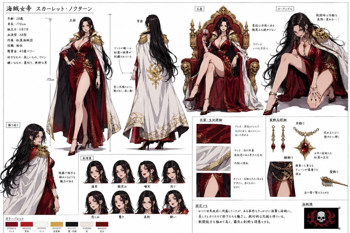 专业日本动漫工作室角色设定表:诱人的海盗女帝,拥有黑色长丝发,深红色长裙搭配高开股叉,金色海军肩垫,优雅白色披风,高跟鞋,自信诱人表情。包含正…, 图片 1