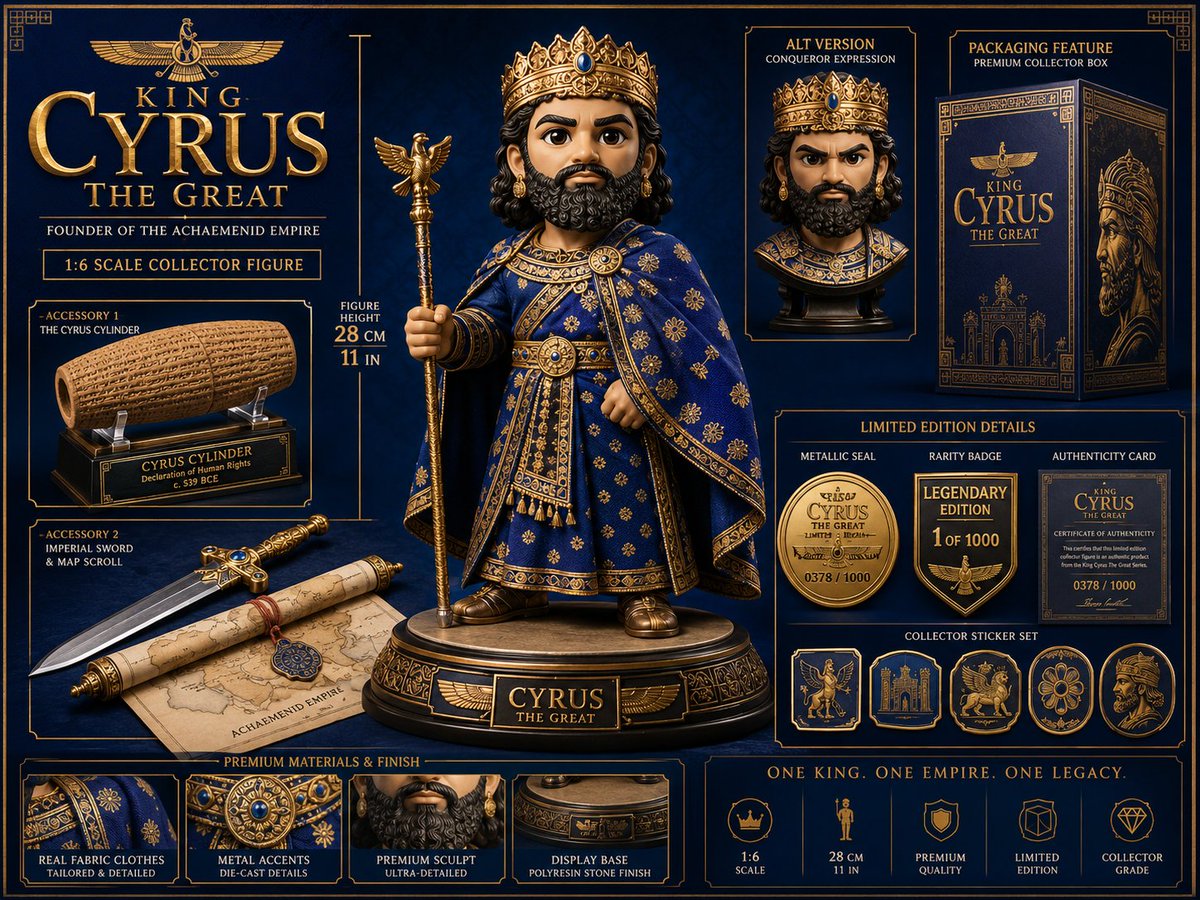 为 King Cyrus 设计：4:3 AR：设计一个收藏级发布视觉，展示 [toy/figure/character]（玩具/手办/角色）的…, 图片 1