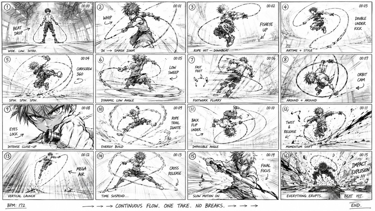创建一个超动态 16:9 动漫跳绳故事板,以 16 格分镜序列呈现,画风为粗犷动感的漫画草图,线条凌乱且具有攻击性,剪影强烈,充满原始的作画(…, 图片 1