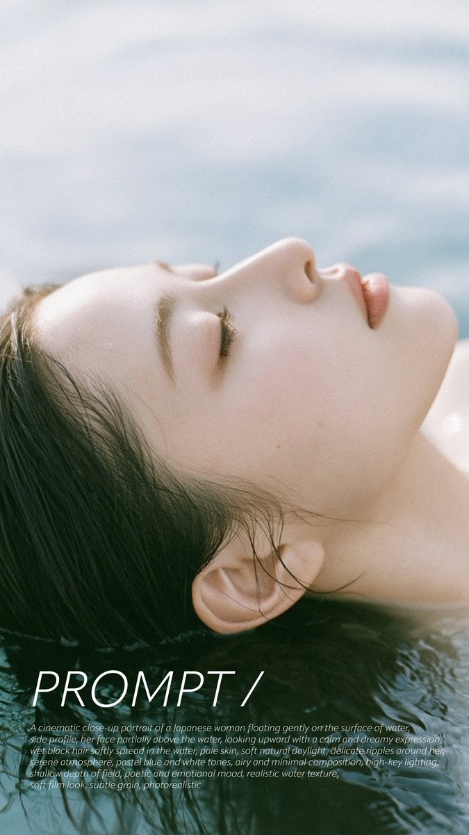 电影感特写肖像:一位日本女性轻柔地漂浮在水面上,侧面视角,她的脸部微微露出水面,向上凝视,神情平静而梦幻,湿润的黑色头发柔软地散开于水中,苍白…, 图片 1