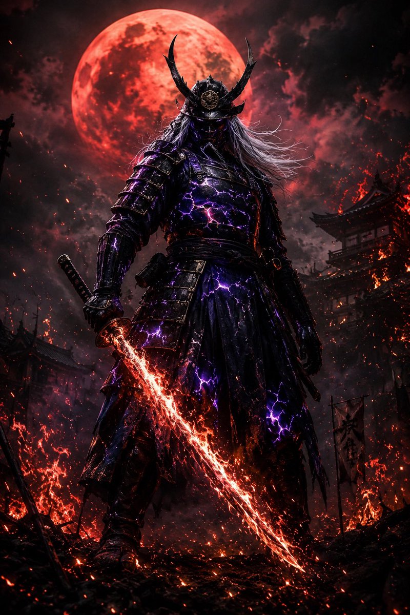 古代日本武士军阀屹立于燃烧的红月之下，黑色铠甲上绽放着紫色裂纹，刀身缠绕着炽烈的火花，电影般的阴影，日本黑暗奇幻风格，Unreal Engin…, 图片 1