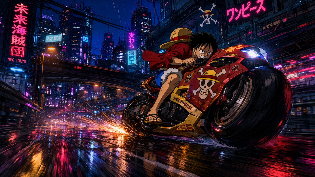 [角色]，来自[系列作品]，其服装和身体特征完全忠实于原始设计，俯身骑乘一辆未来主义摩托车，在凌晨3点全速穿越新东京被雨水浸透的高架公路。, 图片 2