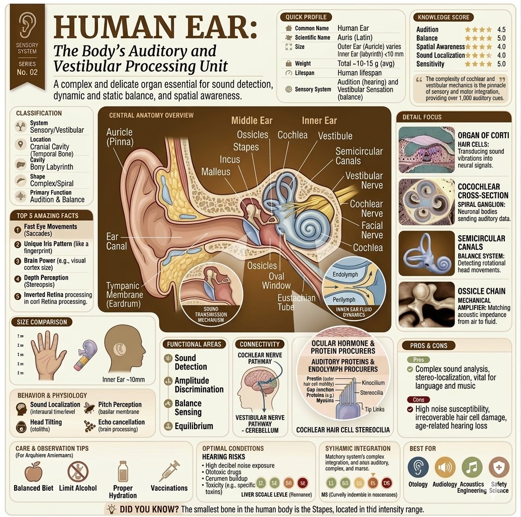 这些详尽的信息图表展示了人眼与人耳复杂的感官系统,突显了它们作为人体视觉与听觉/前庭处理主要器官的角色。两张图表均采用结构化的临床式布局,包含…, 图片 2