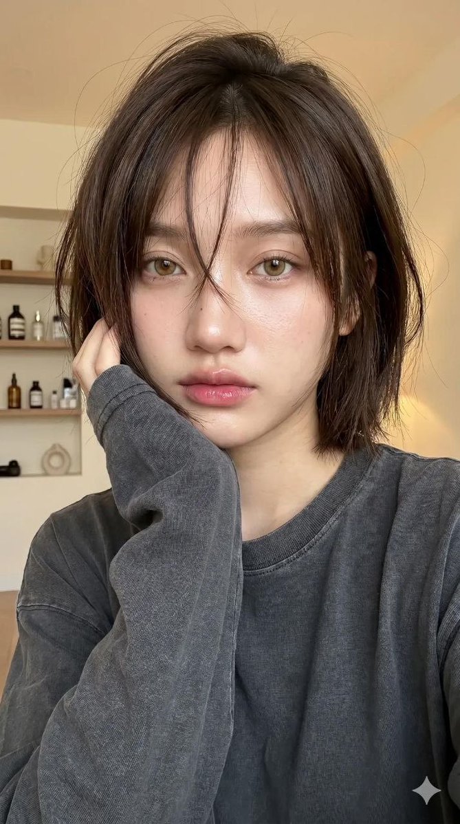 一张超写实的年轻女性特写肖像(使用我的脸),室内温暖柔和的光线。构图是半身镜头(从胸部到头部),相机角度略低且略微倾斜,营造出随性、自拍般的氛…, 图片 1
