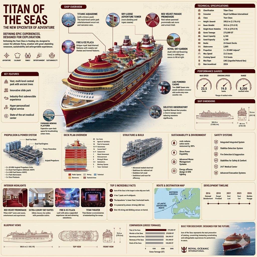 一张超详细的垂直信息图海报,主题为一艘名为“Titan of the Seas”(海洋巨人)的虚构豪华邮轮。核心视觉是一艘巨大的多层甲板邮轮,…, 图片 1
