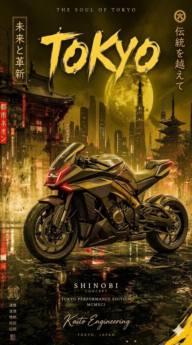 这四幅图像描绘了一辆未来感的碳纤维运动摩托车，背景为夜晚雨后湿漉漉的、霓虹灯闪烁的日本城市景观。该系列以垂直海报的形式展示一款"Shinobi…, 图片 1