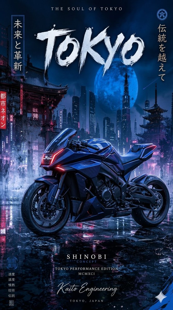 这四幅图像描绘了一辆未来感的碳纤维运动摩托车，背景为夜晚雨后湿漉漉的、霓虹灯闪烁的日本城市景观。该系列以垂直海报的形式展示一款"Shinobi…, 图片 2