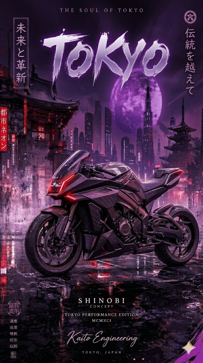 这四幅图像描绘了一辆未来感的碳纤维运动摩托车，背景为夜晚雨后湿漉漉的、霓虹灯闪烁的日本城市景观。该系列以垂直海报的形式展示一款"Shinobi…, 图片 3