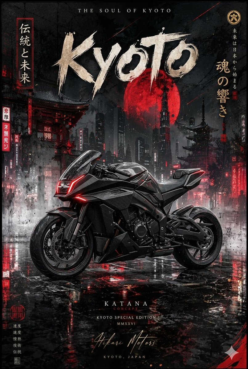 这四幅图像描绘了一辆未来感的碳纤维运动摩托车，背景为夜晚雨后湿漉漉的、霓虹灯闪烁的日本城市景观。该系列以垂直海报的形式展示一款"Shinobi…, 图片 4