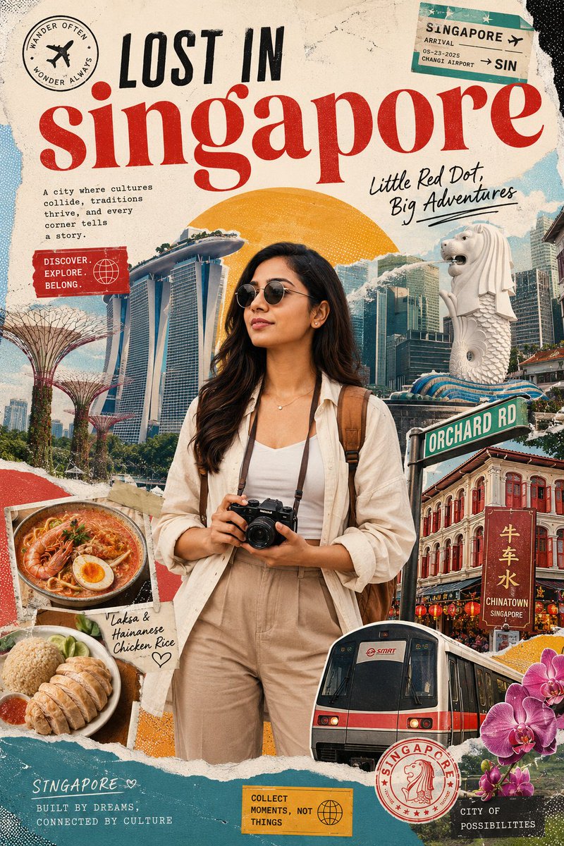 为[country]创作一张风格化的旅行海报 / 图形拼贴作品。主体应是一位时尚的国际游客，正在[country]旅行，且明确呈现为旅行者而非…, 图片 1