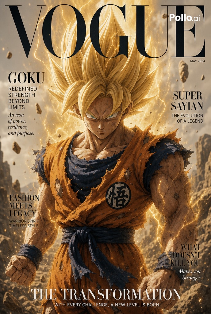 1)《Vogue》杂志封面。路飞目光锐利。 2)《Vogue》杂志封面。悟空变身超级赛亚人, 图片 1