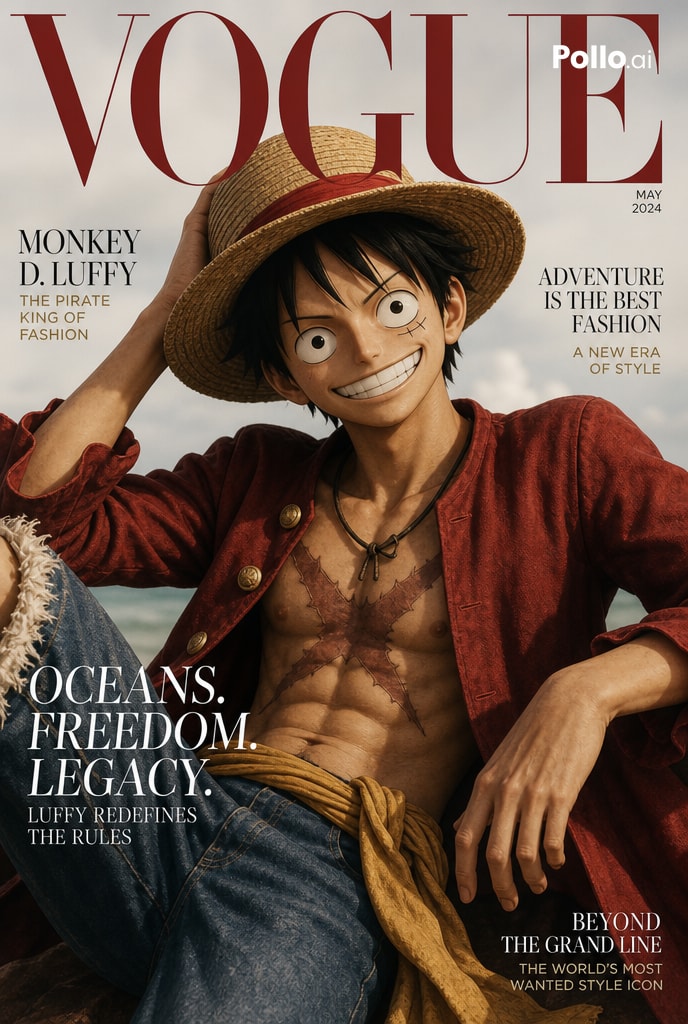 1)《Vogue》杂志封面。路飞目光锐利。 2)《Vogue》杂志封面。悟空变身超级赛亚人, 图片 2