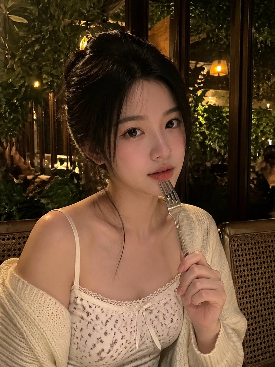 一张写实风格的弱光手机人像照片,主体是一位年轻成年女性,夜晚坐在一家温馨的咖啡馆或餐厅内。近景半身构图,画面比例约为 4:5 或接近正方形。相…, 图片 3