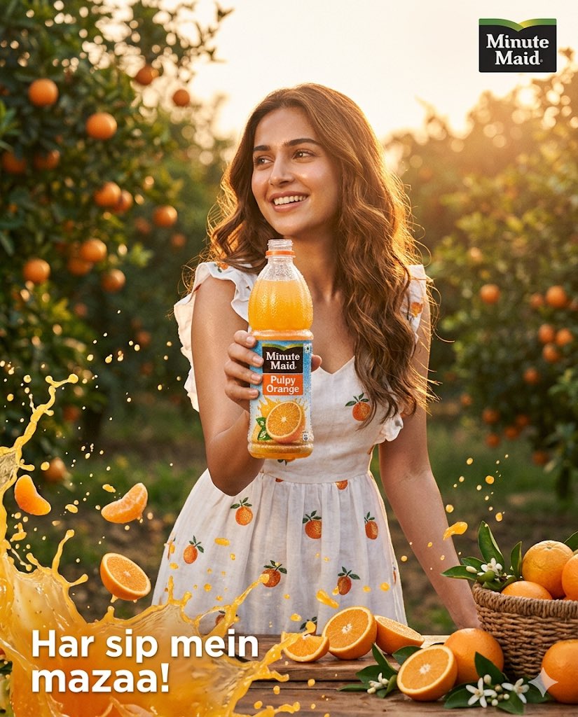 超写实高端商业广告,美汁源果粒橙(Minute Maid Pulpy Orange),竖版 4:5 比例,电影级饮品摄影,美丽的年轻女子拥有柔…, 图片 1