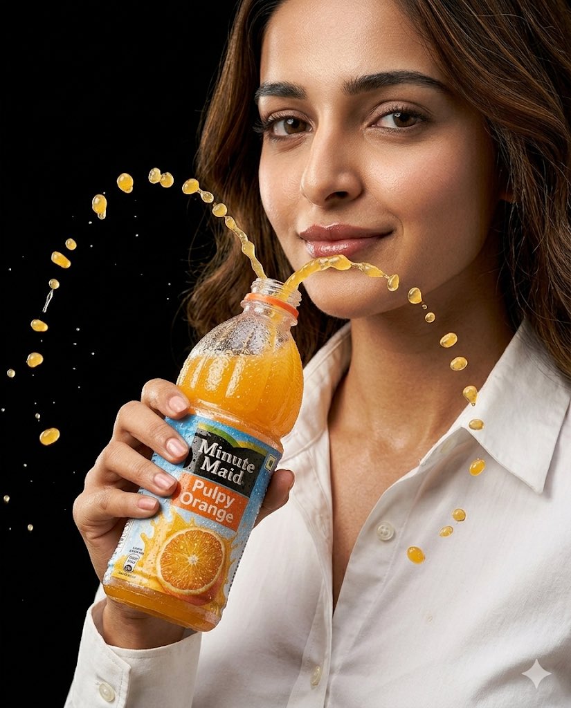 超写实高端商业广告,美汁源果粒橙(Minute Maid Pulpy Orange),竖版 4:5 比例,电影级饮品摄影,美丽的年轻女子拥有柔…, 图片 2