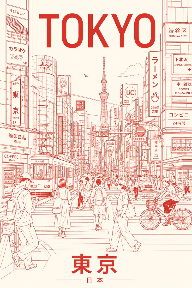 创作一张极简主义、超高分辨率的线条艺术风格东京旅游海报,将东京呈现为一个时尚的日常都市场景,而非明信片式的旅游景点。, 图片 4